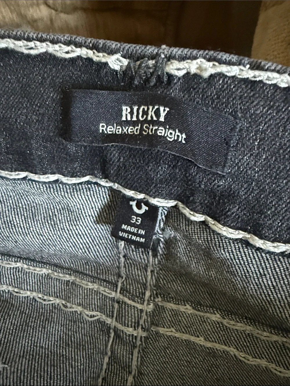 True Religion men’s  Charcoal  Jeans with White Contrast Stitching